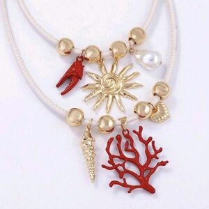 2 piece luxurious ocean vacation style faux coral pearl pendant; nwot